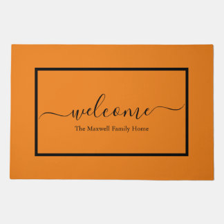 Elegant orange black script family name welcome doormat