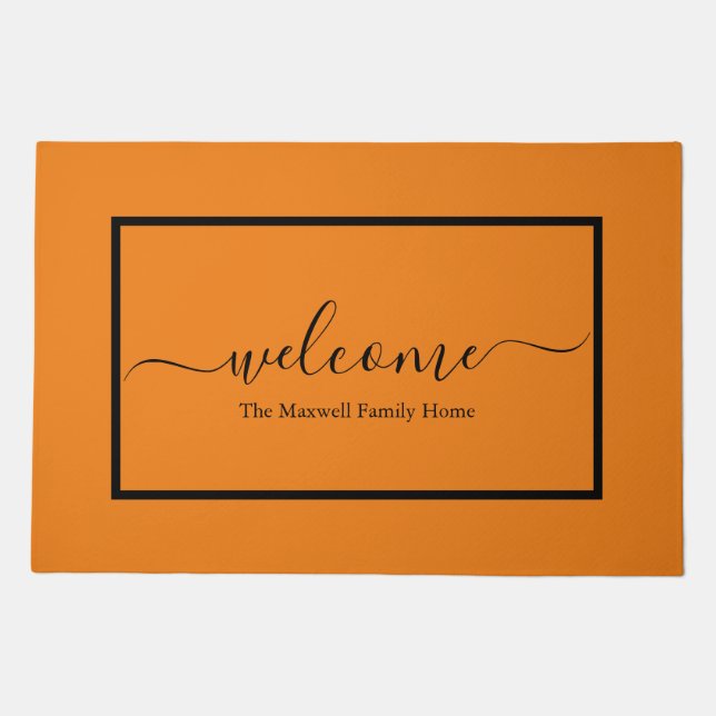 Elegant orange black script family name welcome  doormat (Front)