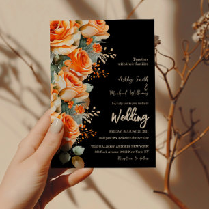 Elegant Orange & Black Watercolor Floral Wedding Invitation