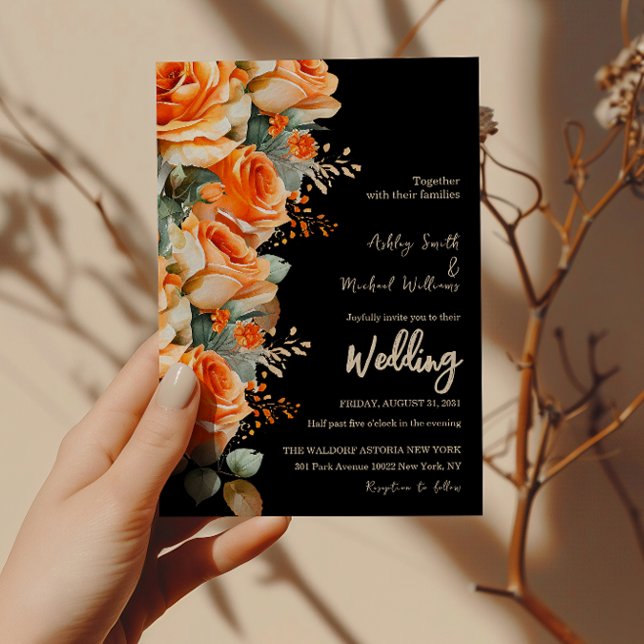 Elegant Orange & Black Watercolor Floral Wedding Invitation (Creator Uploaded)