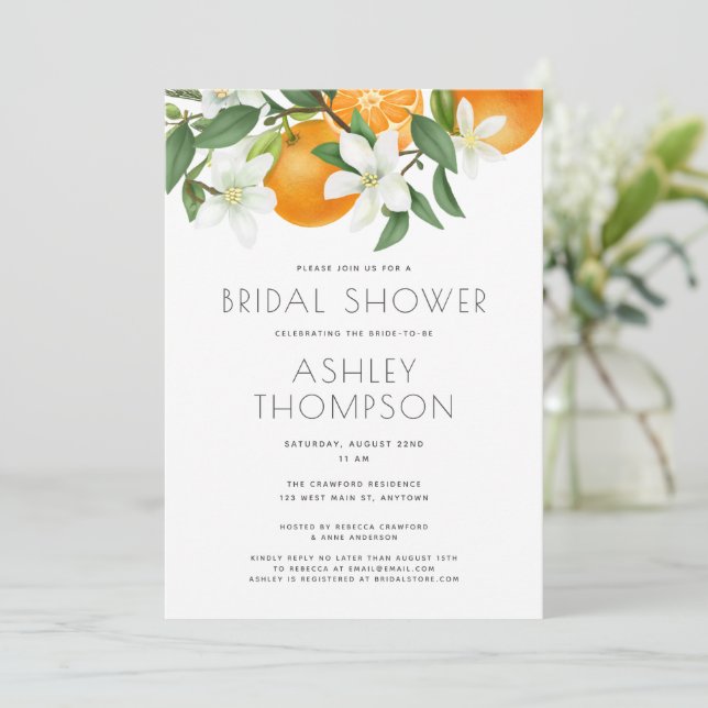 Elegant Orange Blossom Foliage Bridal Shower Invitation (Standing Front)
