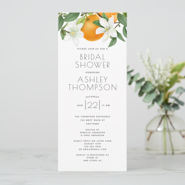 Elegant Orange Blossom Foliage Bridal Shower Invitation (Standing Front)