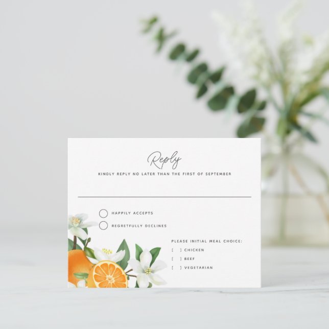 Elegant Orange Blossom Foliage Wedding Reply Card (Standing Front)