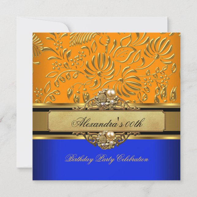 Elegant Orange Blue Gold Damask Birthday Party Invitation (Front)