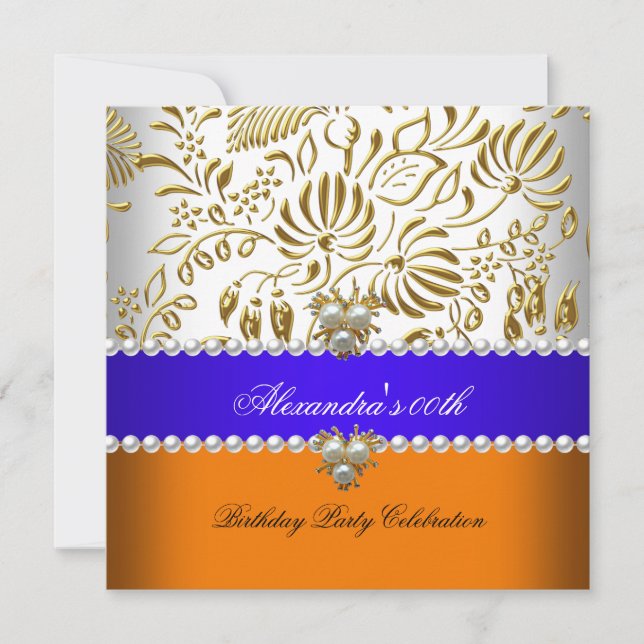 Elegant Orange Blue Gold Damask Pearl Party Invitation (Front)