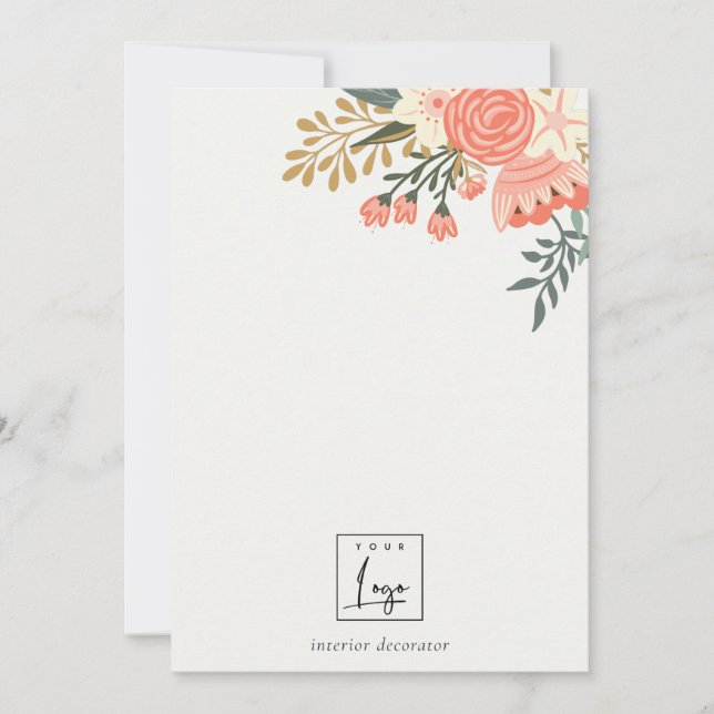 Elegant Orange Blush Green Ambrosia Floral Logo Note Card (Front)