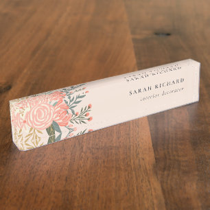 Elegant Orange Blush Peach Green Ambrosia Floral Desk Name Plate