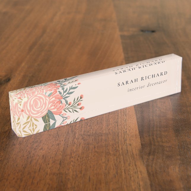 Elegant Orange Blush Peach Green Ambrosia Floral  Desk Name Plate (Side)