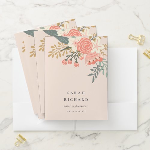 Elegant Orange Blush Peach Green  Ambrosia Floral Pocket Folder