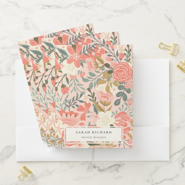 Elegant Orange Blush Peach Green  Ambrosia Floral Pocket Folder (In Situ)