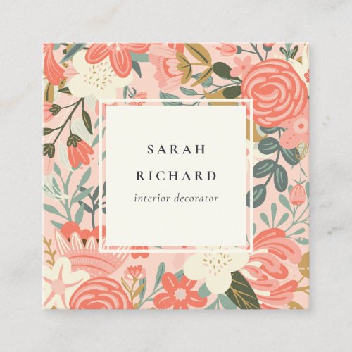 Elegant Orange Blush Pink Green Ambrosia Floral Square Business Card