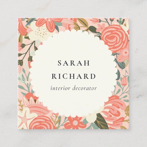 Elegant Orange Blush Pink Green Ambrosia Floral Square Business Card