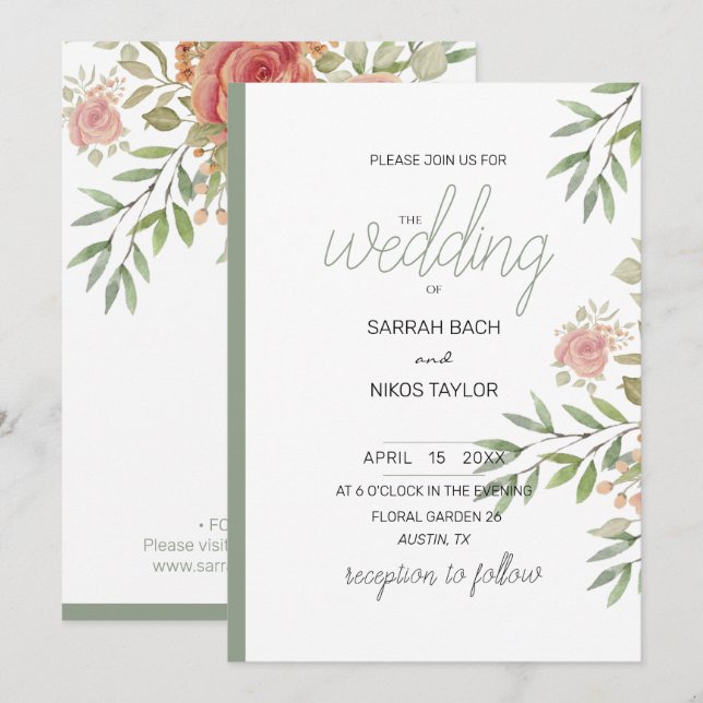 Elegant Orange Blush Roses Watercolor Invitation (Front/Back)