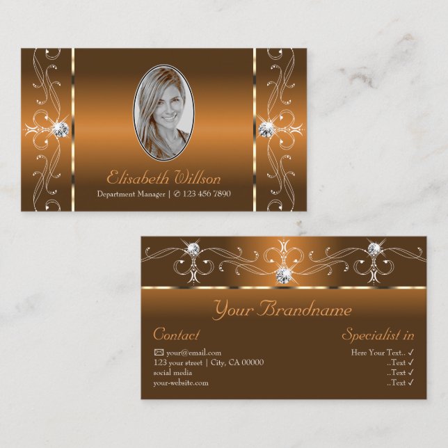 Elegant Orange Brown Squiggled Jewels with Photo Business Card (Front/Back)