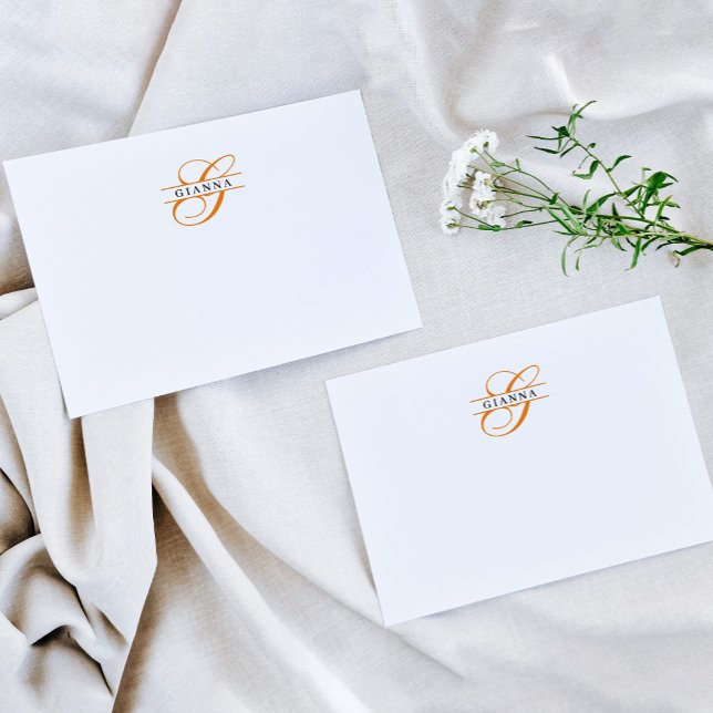 Elegant Orange Calligraphy Split Monogram Note Card (Creator Uploaded)