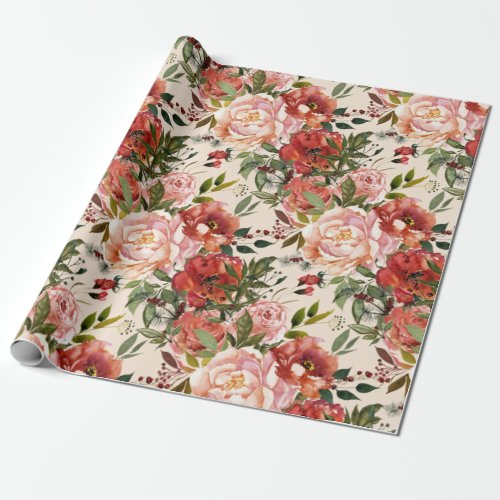 Elegant Orange Coral Blush Pink Watercolor Floral  Wrapping Paper