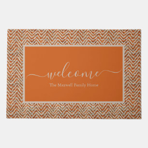 Elegant orange cream chevron script name doormat