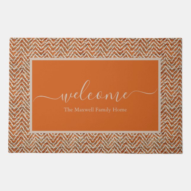 Elegant orange cream chevron script name doormat (Front)