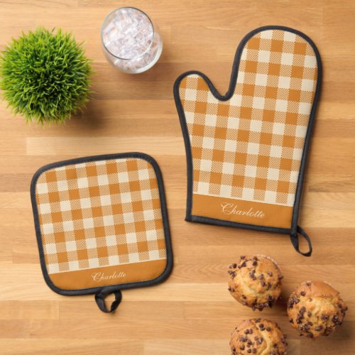 Elegant Orange  Cream Lumberjack Tartan Custom Oven Mitt  Pot Holder Set