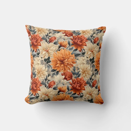 Elegant Orange Cream Teal Floral  Throw Pillow