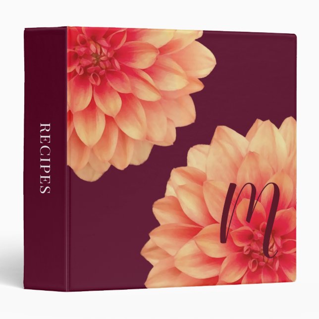 Elegant Orange Dahlias Flowers Burgundy Monogram 3 Ring Binder (Front/Spine)
