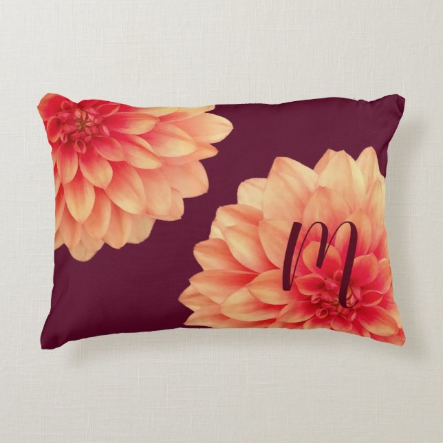 Elegant Orange Dahlias Flowers Burgundy Monogram Accent Pillow (Front)