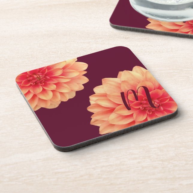 Elegant Orange Dahlias Flowers Burgundy Monogram Beverage Coaster (Left Side)