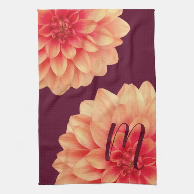 Elegant Orange Dahlias Flowers Burgundy Monogram   Kitchen Towel (Vertical)