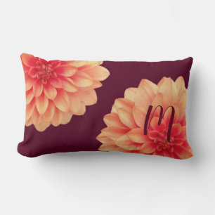Elegant Orange Dahlias Flowers Burgundy Monogram Lumbar Pillow