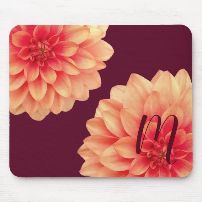 Elegant Orange Dahlias Flowers Burgundy Monogram Mouse Pad (Front)