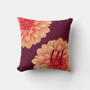 Elegant Orange Dahlias Flowers Burgundy Monogram Throw Pillow