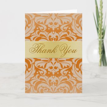 Elegant Orange Damask Gold Ribbon Thank You Card by theedgeweddings at Zazzle
