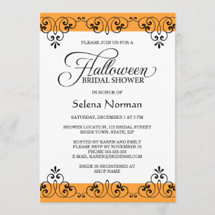Elegant orange damask Halloween bridal shower Invitation