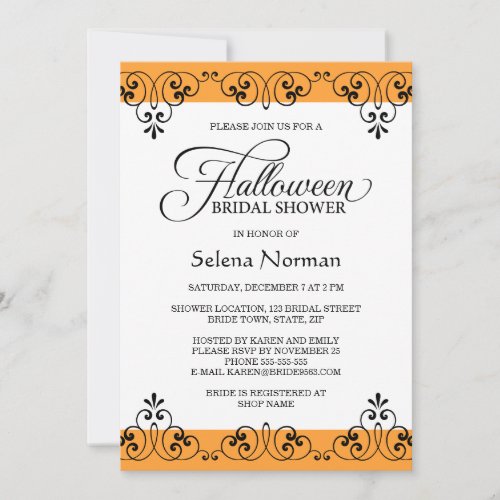 Elegant orange damask Halloween bridal shower Invitation