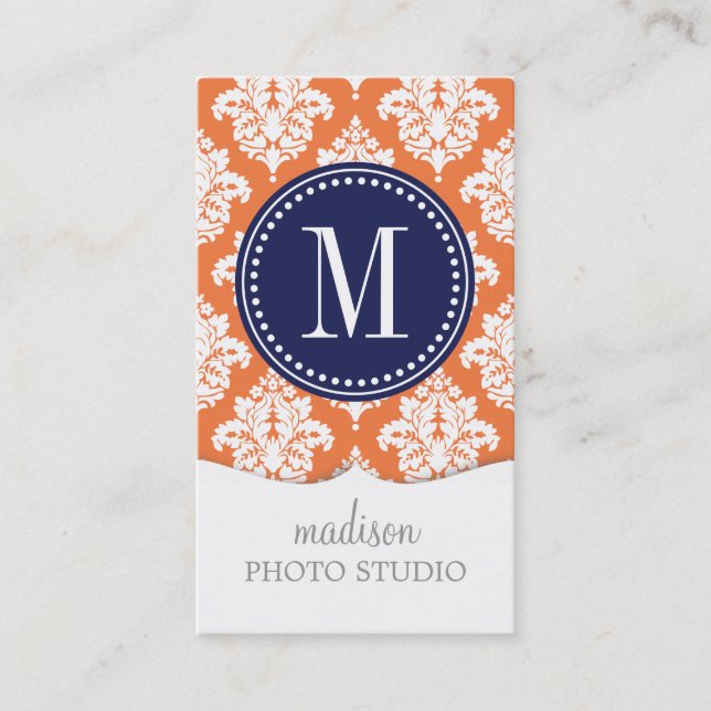 Elegant Orange Damask Personalized Business Card (Front)