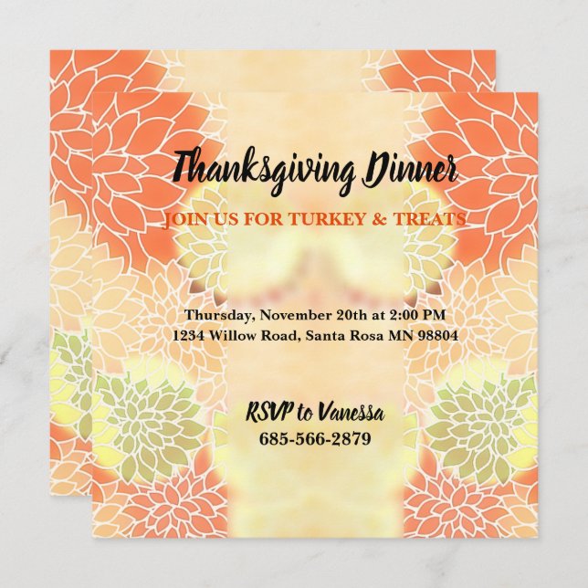 Elegant Orange Fall Floral Thanksgiving  Invitation (Front/Back)