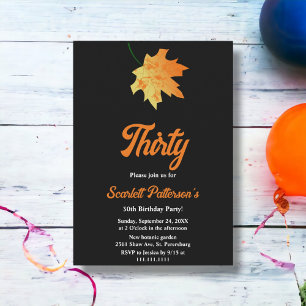 Elegant Orange Fall Leaves Black 30th Birthday Invitation