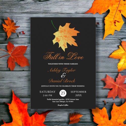Elegant Orange Fall Leaves Black Floral Wedding Invitation