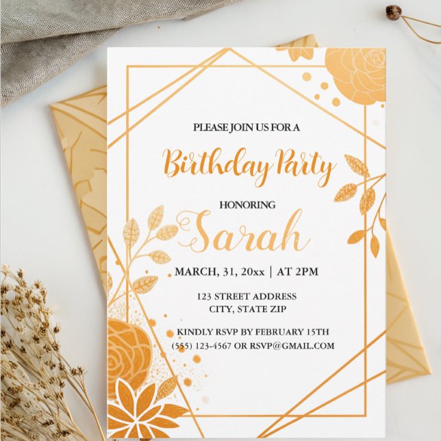 elegant orange floral and geometric gold birthday invitation (Creator Uploaded)