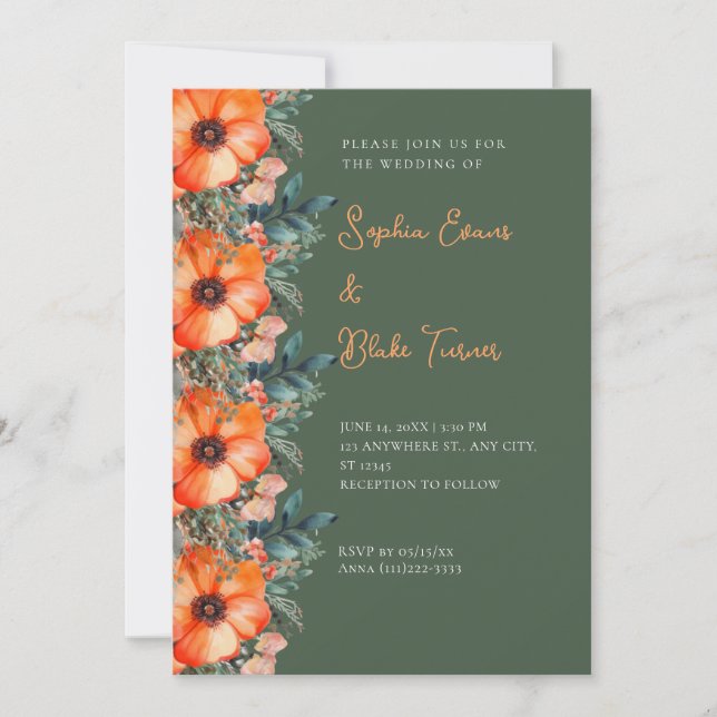 Elegant Orange Floral and Greenery Green Wedding Invitation (Front)