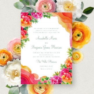 Elegant Orange Floral Bougainville Italy Wedding  Invitation