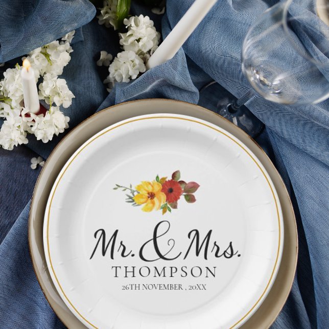 Elegant Orange Floral Mr Mrs Wedding Party Paper Plates (Elegant Orange Floral Mr Mrs Wedding Party Paper Plates)