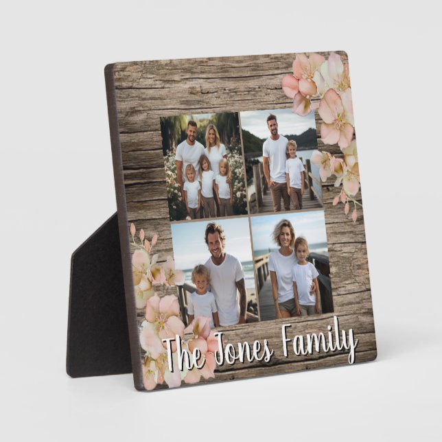 Elegant orange floral personalized four photo plaque (Front)