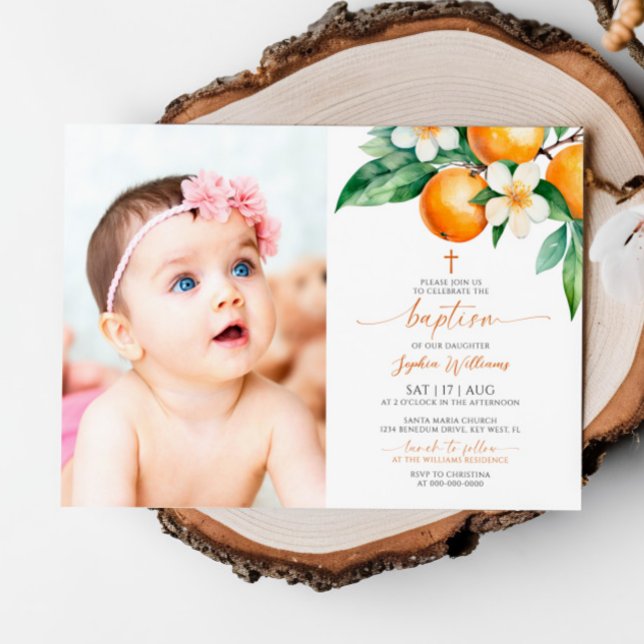 Elegant Orange Floral Photo Baptism Invitation (Creator Uploaded)