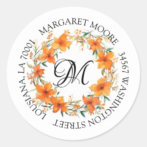 Elegant Orange Floral Script Monogram Address Classic Round Sticker