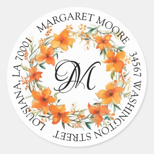 Elegant Orange Floral Script Monogram Address Classic Round Sticker
