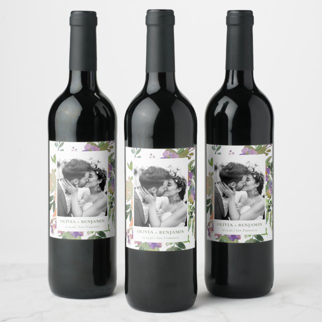 Elegant Orange Floral Watercolor Wedding Photo Wine Label (Bottles)
