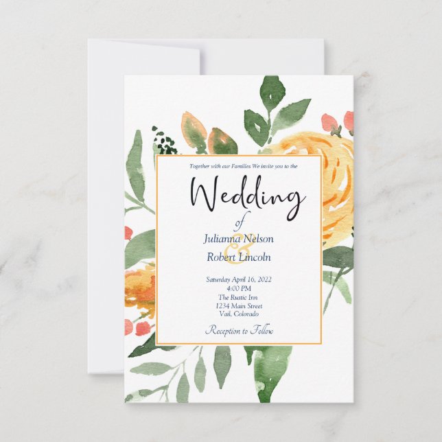 Elegant Orange floral wedding invitation (Front)