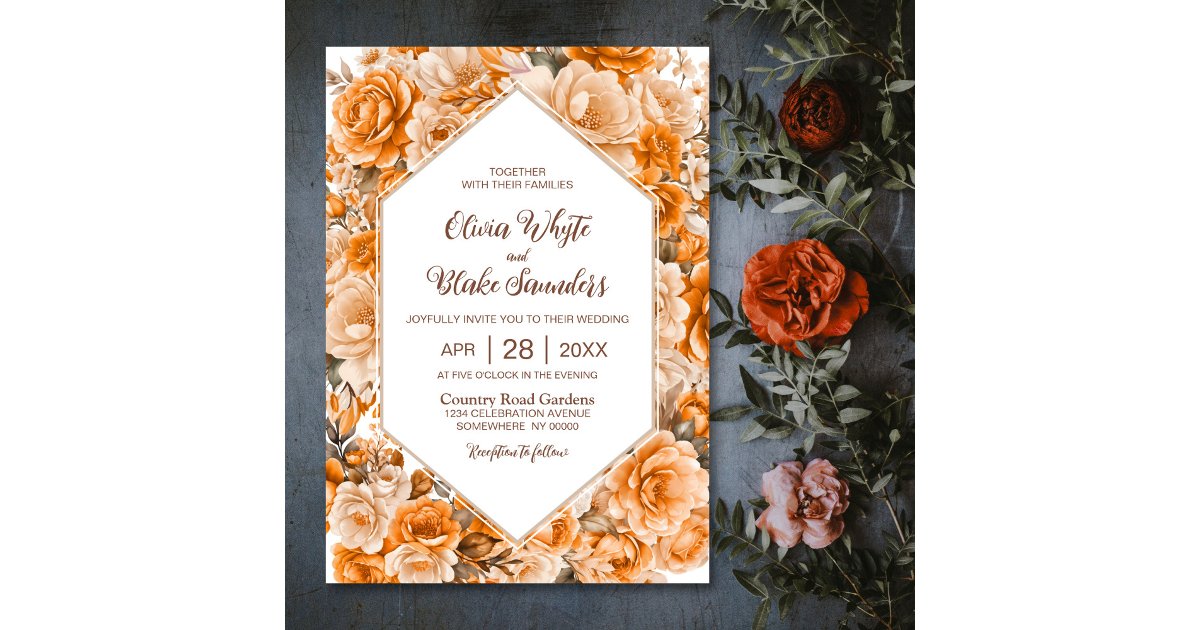 Elegant Orange Floral Wedding Invitation | Zazzle