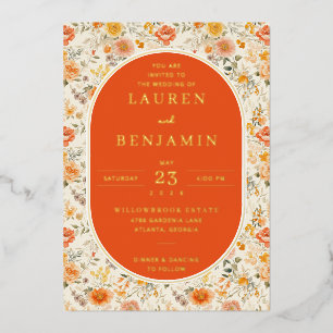 Elegant Orange Floral Wedding Invitation Foil Invitation